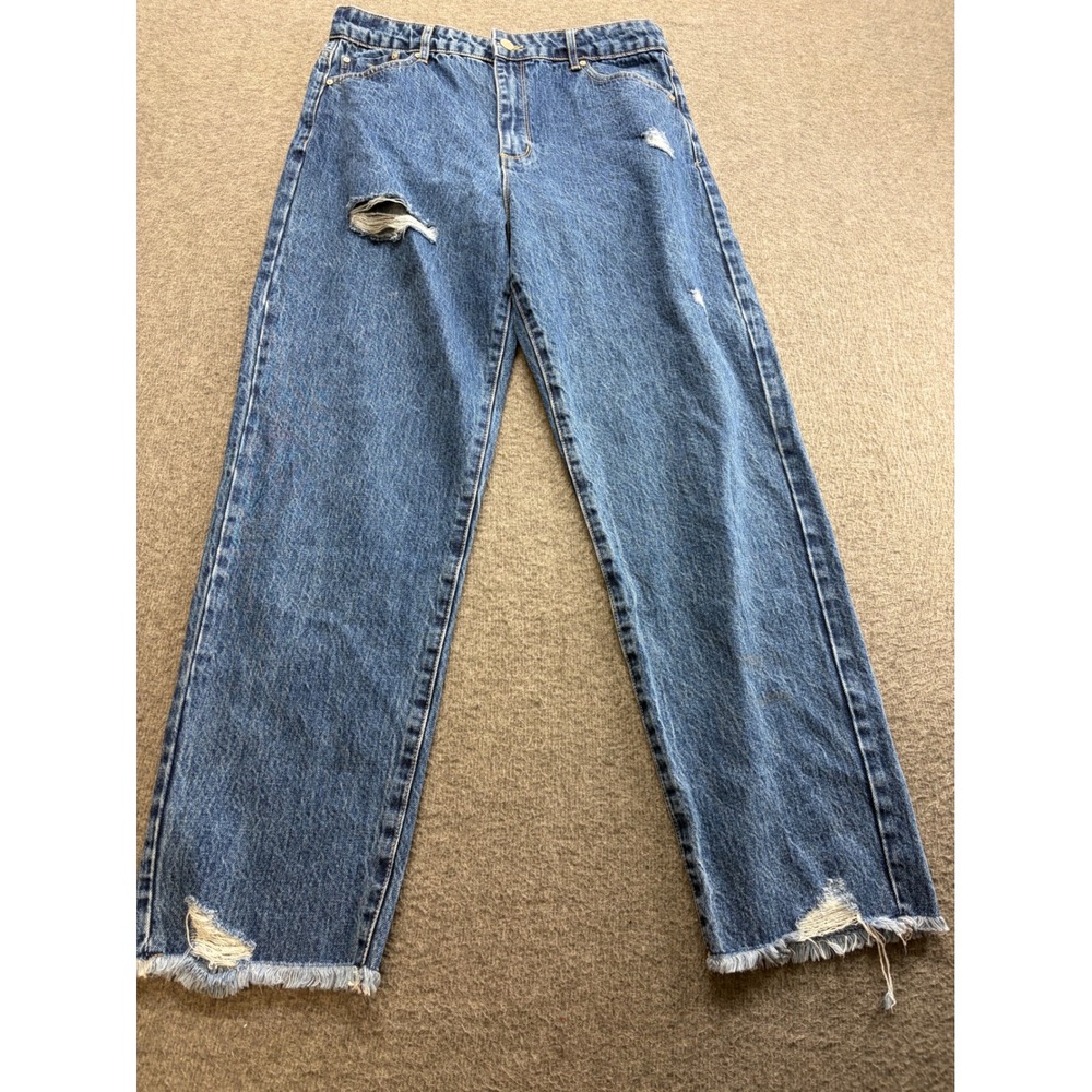 Tractr Distressed Straight Leg Jeans Medium Wash High Rise Raw Hem Size 6/28